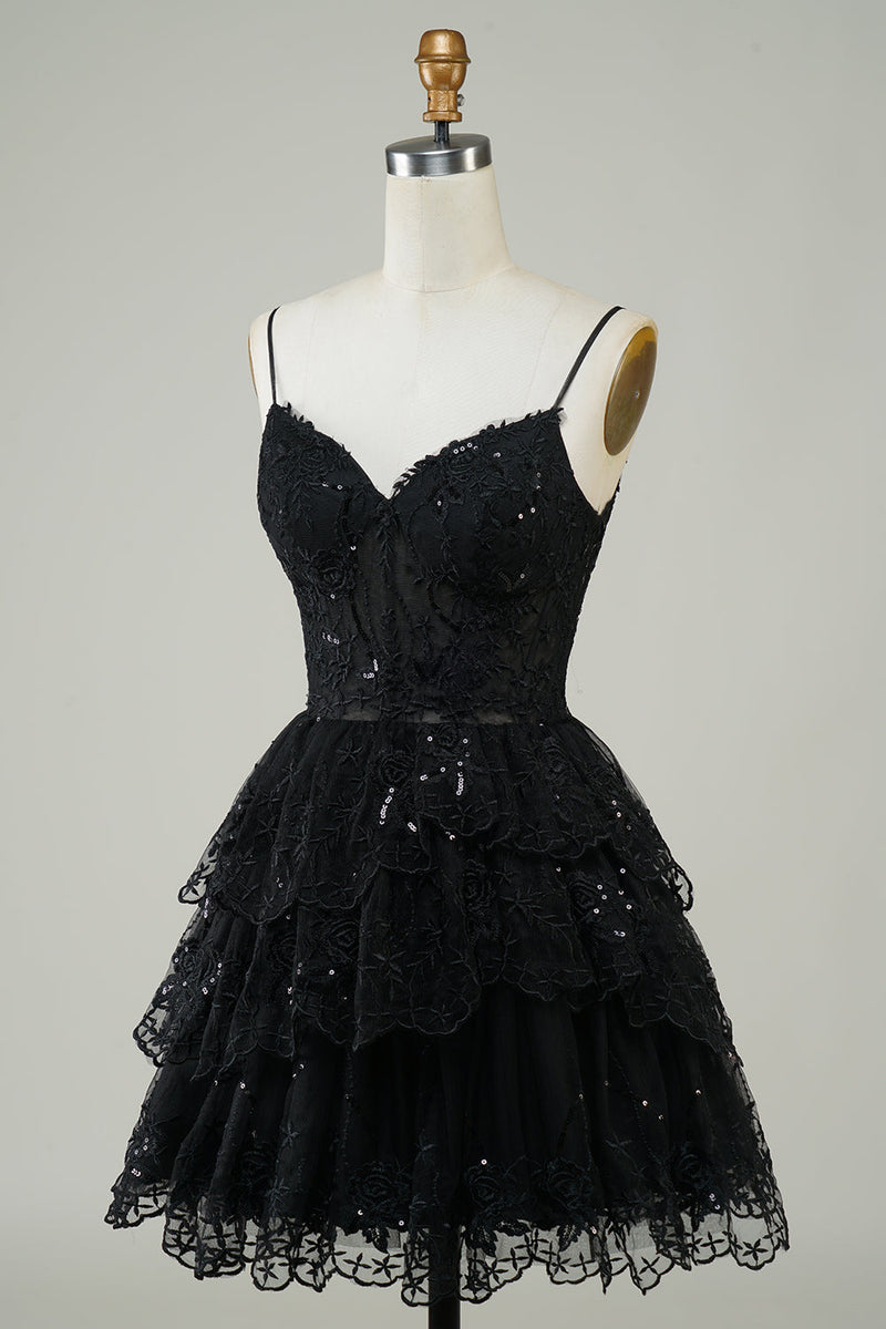 Load image into Gallery viewer, Nydelig A Line Spaghetti stropper mørk blå glitrende korsett Homecoming kjole
