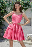 Stilig A-Line Spaghetti stropper Fuchsia Kort Homecoming kjole med Bowknot