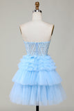 Søt A-Line Sweetheart Blue Corset Kort Homecoming kjole med Ruffles