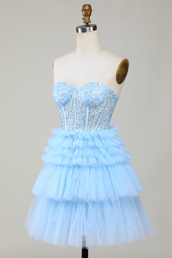 Søt A-Line Sweetheart Blue Corset Kort Homecoming kjole med Ruffles