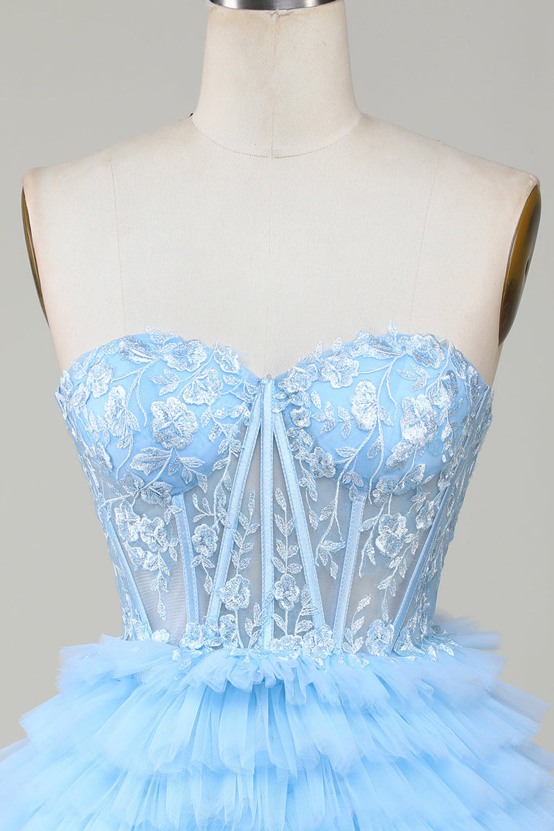 Load image into Gallery viewer, Søt A-Line Sweetheart Blue Corset Kort Homecoming kjole med Ruffles