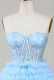 Søt A-Line Sweetheart Blue Corset Kort Homecoming kjole med Ruffles