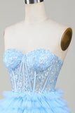 Søt A-Line Sweetheart Blue Corset Kort Homecoming kjole med Ruffles