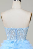 Søt A-Line Sweetheart Blue Corset Kort Homecoming kjole med Ruffles