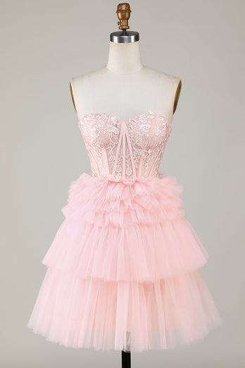 Trendy A-Line Sweetheart Pink Short Homecoming kjole med volanger