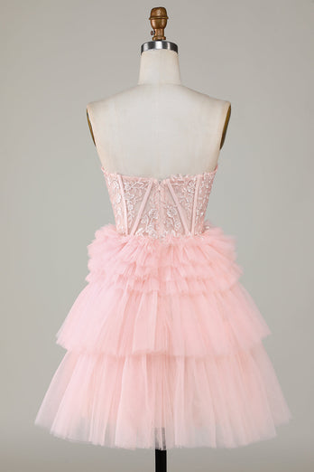 Trendy A-Line Sweetheart Pink Short Homecoming kjole med volanger