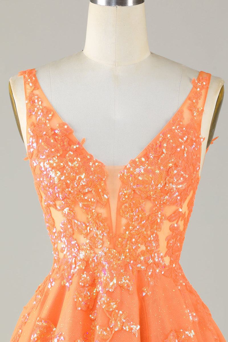 Load image into Gallery viewer, Sparkly Orange A Line Glitter Homecoming kjole med paljetter