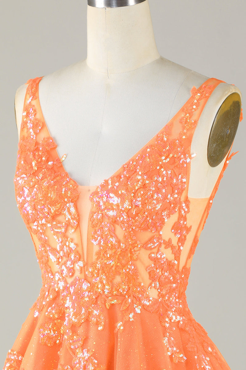 Load image into Gallery viewer, Sparkly Orange A Line Glitter Homecoming kjole med paljetter