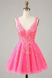 Fuchsia Sequined V Neck Ryggløs Kort Homecoming kjole