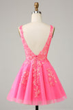 Fuchsia Sequined V Neck Ryggløs Kort Homecoming kjole