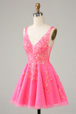 Fuchsia Sequined V Neck Ryggløs Kort Homecoming kjole