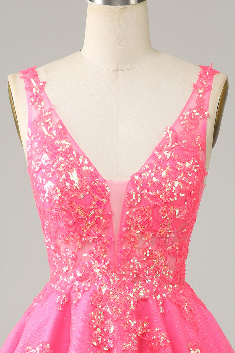 Load image into Gallery viewer, Fuchsia Sequined V Neck Ryggløs Kort Homecoming kjole