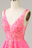 Fuchsia Sequined V Neck Ryggløs Kort Homecoming kjole