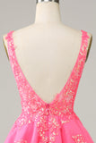 Fuchsia Sequined V Neck Ryggløs Kort Homecoming kjole