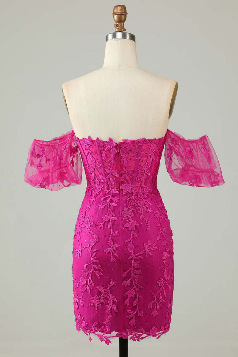 Load image into Gallery viewer, Fuchsia av skulderen Bodycon appliques Homecoming kjole