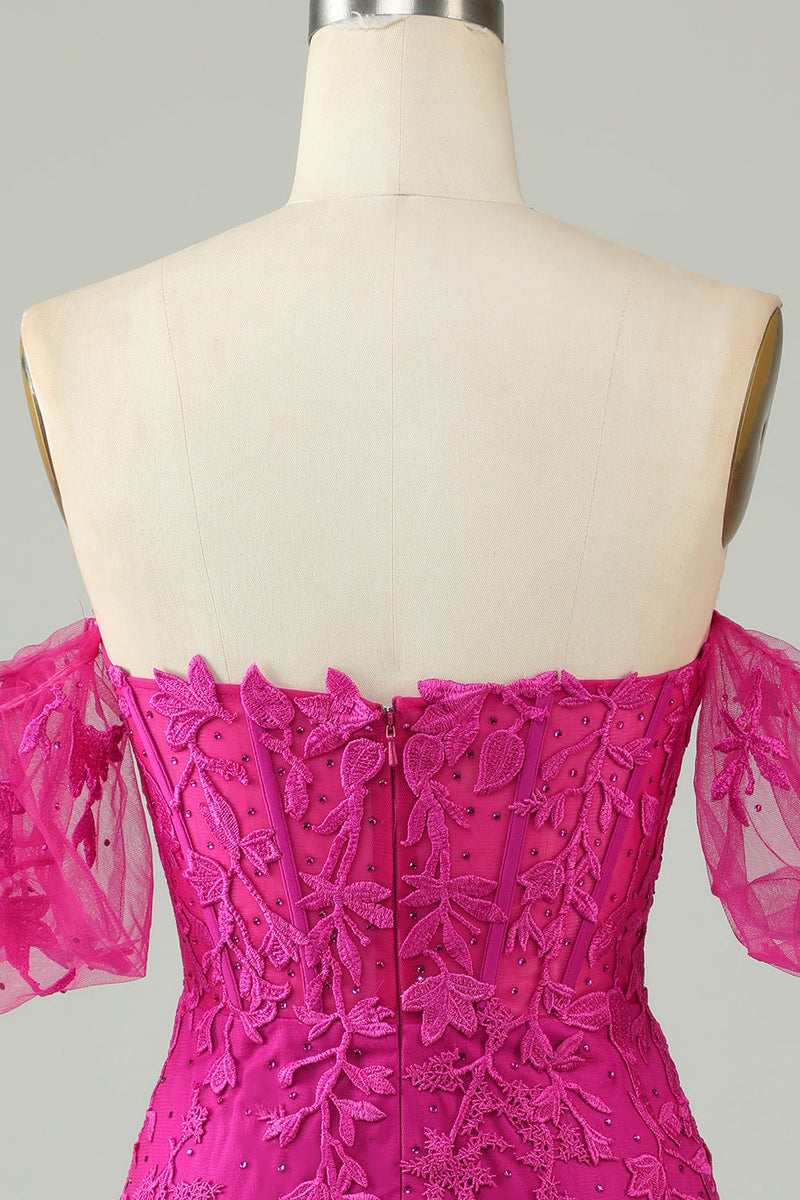 Load image into Gallery viewer, Fuchsia av skulderen Bodycon appliques Homecoming kjole