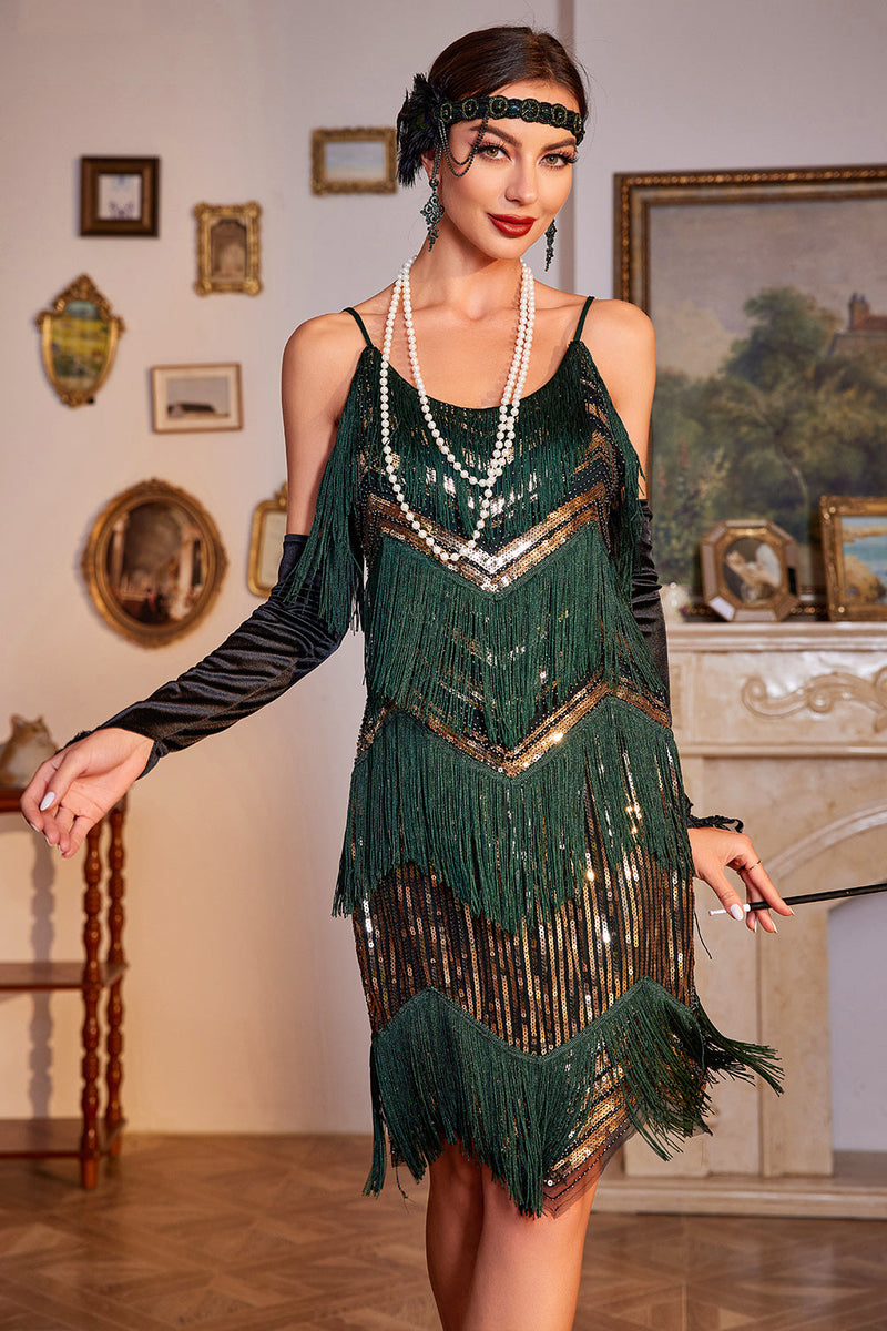 Load image into Gallery viewer, Spaghetti stropper mørkegrønn glitter 1920-tallet Flapper kjole med frynser