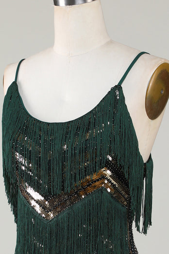 Spaghetti stropper Mørkegrønn Glitter 1920-tallet Kjole med frynser