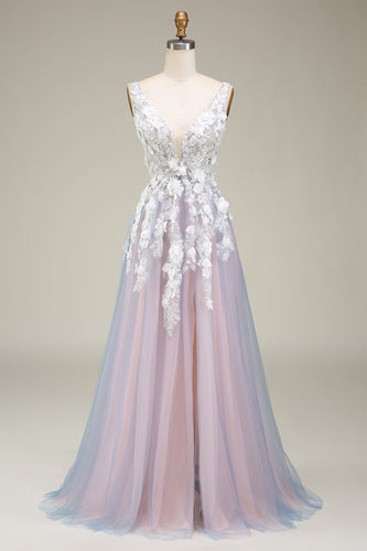 Nydelig A Line Deep V Neck Grey Pink Long Prom Dress med Appliques
