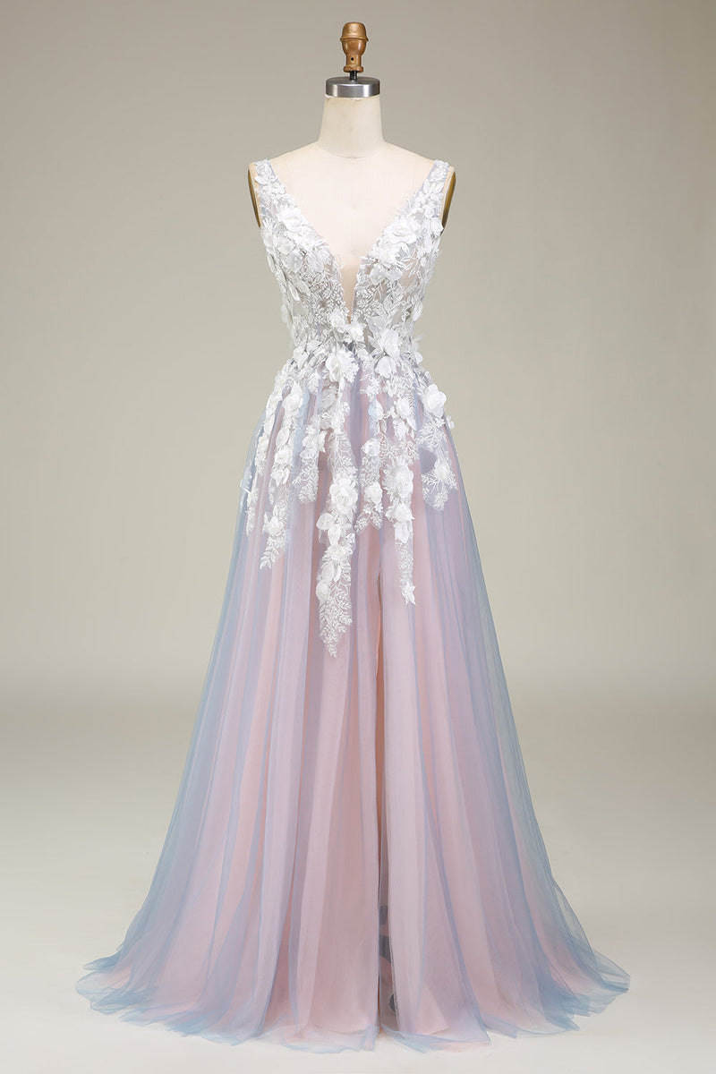 Load image into Gallery viewer, Nydelig A Line Deep V Neck Grey Pink Long Prom Dress med Appliques