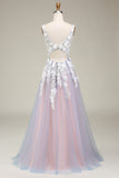 Nydelig A Line Deep V Neck Grey Pink Long Prom Dress med Appliques