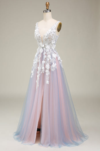 Nydelig A Line Deep V Neck Grey Pink Long Prom Dress med Appliques