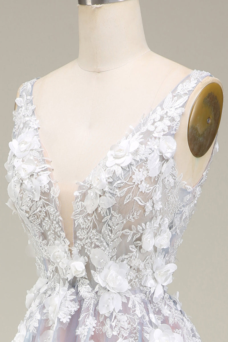 Load image into Gallery viewer, Nydelig A Line Deep V Neck Grey Pink Long Prom Dress med Appliques