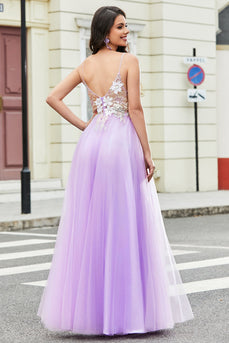 Nydelig A Line Spaghetti stropper Lilac Long Prom Kjole med Appliques