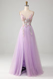 Glitter A-Line Spaghetti stropper Lilac Long Prom Kjole med blomster