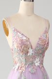 Glitter A-Line Spaghetti stropper Lilac Long Prom Kjole med blomster