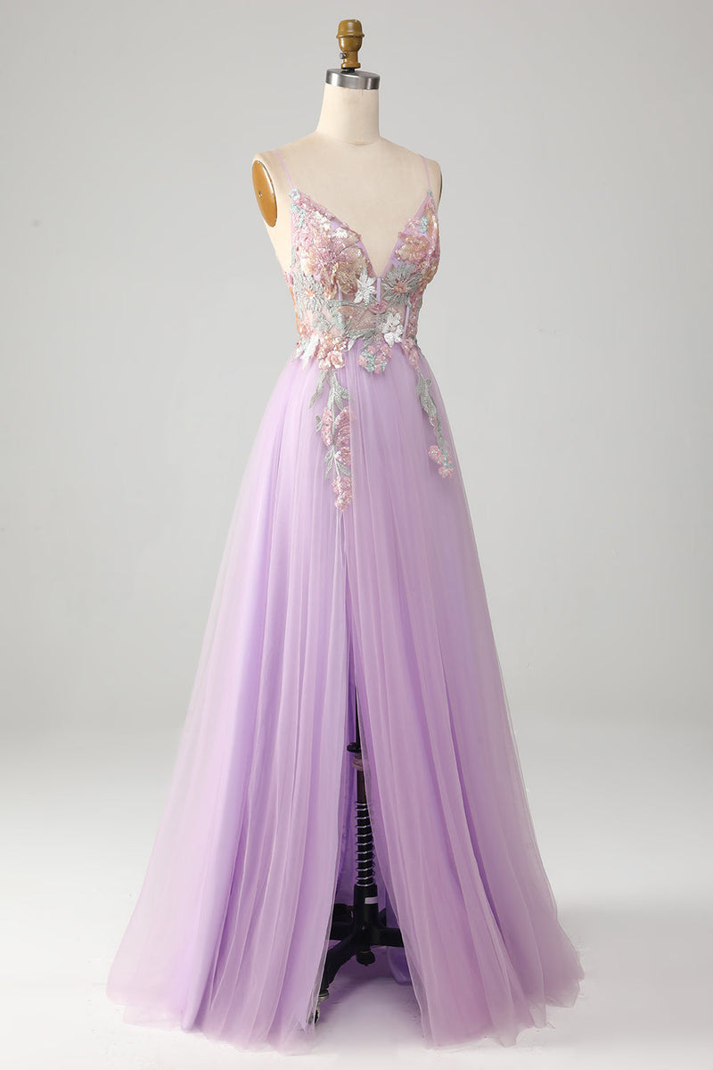 Load image into Gallery viewer, Glitter A-Line Spaghetti stropper Lilac Long Prom Kjole med blomster