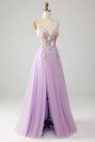 Glitter A-Line Spaghetti stropper Lilac Long Prom Kjole med blomster