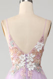 Glitter A-Line Spaghetti stropper Lilac Long Prom Kjole med blomster