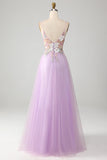 Glitter A-Line Spaghetti stropper Lilac Long Prom Kjole med blomster