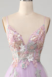 Glitter A-Line Spaghetti stropper Lilac Long Prom Kjole med blomster