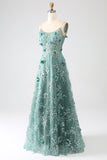 Glitter Mørkegrønn Spaghetti stropper Blonder Blomst Lang korsett Prom Dress
