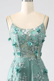 Glitter Mørkegrønn Spaghetti stropper Blonder Blomst Lang korsett Prom Dress