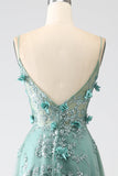 Glitter Mørkegrønn Spaghetti stropper Blonder Blomst Lang korsett Prom Dress