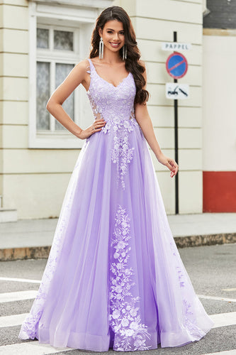 Nydelig A Line Spaghetti stropper Lilac Tylle Long Prom Kjole med Appliques