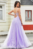 Nydelig A Line Spaghetti stropper Lilac Tylle Long Prom Kjole med Appliques