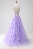 Lilac A-Line Spaghetti stropper Tylle Long Prom Kjole med Appliques