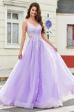 Nydelig A Line Spaghetti stropper Lilac Tylle Long Prom Kjole med Appliques