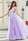 Nydelig A Line Spaghetti stropper Lilac Tylle Long Prom Kjole med Appliques