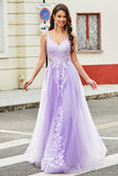 Nydelig A Line Spaghetti stropper Lilac Tylle Long Prom Kjole med Appliques