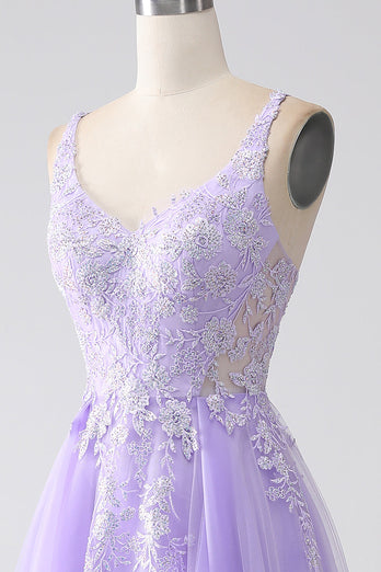 Lilac A-Line Spaghetti stropper Tylle Long Prom Kjole med Appliques