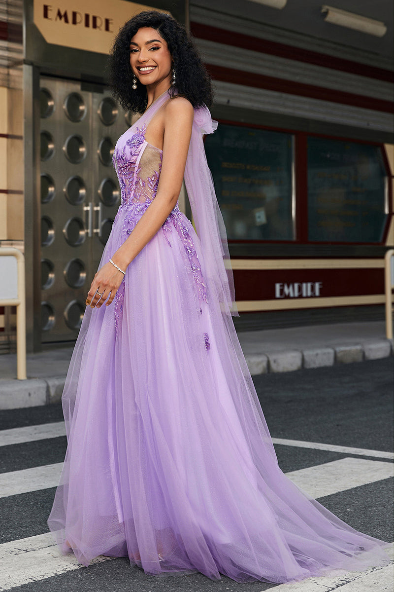 Load image into Gallery viewer, Nydelig A Line Halter Neck Grey Purple Corset Prom Dress med Appliques