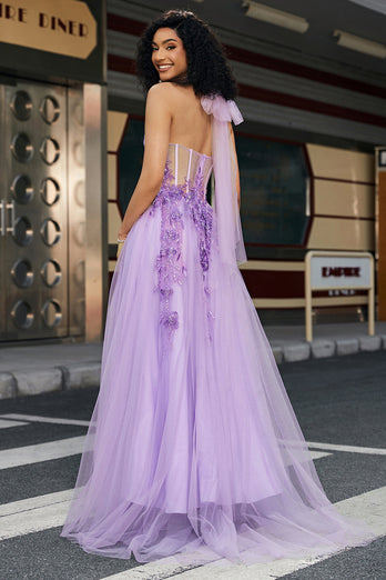 Nydelig A Line Halter Neck Grey Purple Corset Prom Dress med Appliques