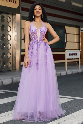 Nydelig A Line Halter Neck Grey Purple Corset Prom Dress med Appliques