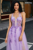 Nydelig A Line Halter Neck Grey Purple Corset Prom Dress med Appliques