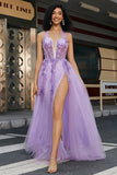 Nydelig A Line Halter Neck Grey Purple Corset Prom Dress med Appliques